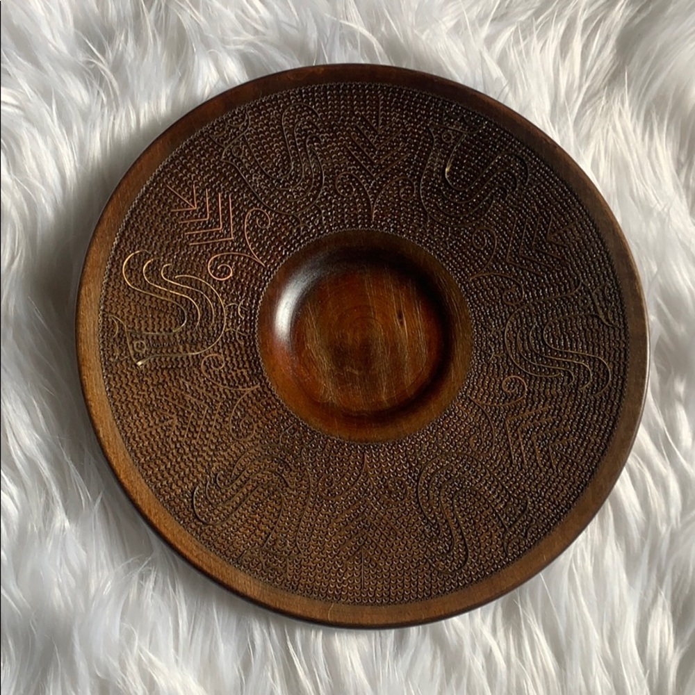 Wood Plate with Metal Rooster Inlay